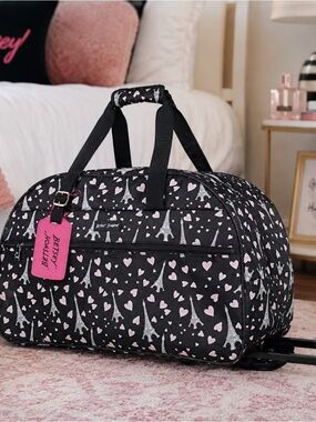 Betsey Johnson Paris Hearts Rolling Carry On Duffel Luggage NWT Travel Bag